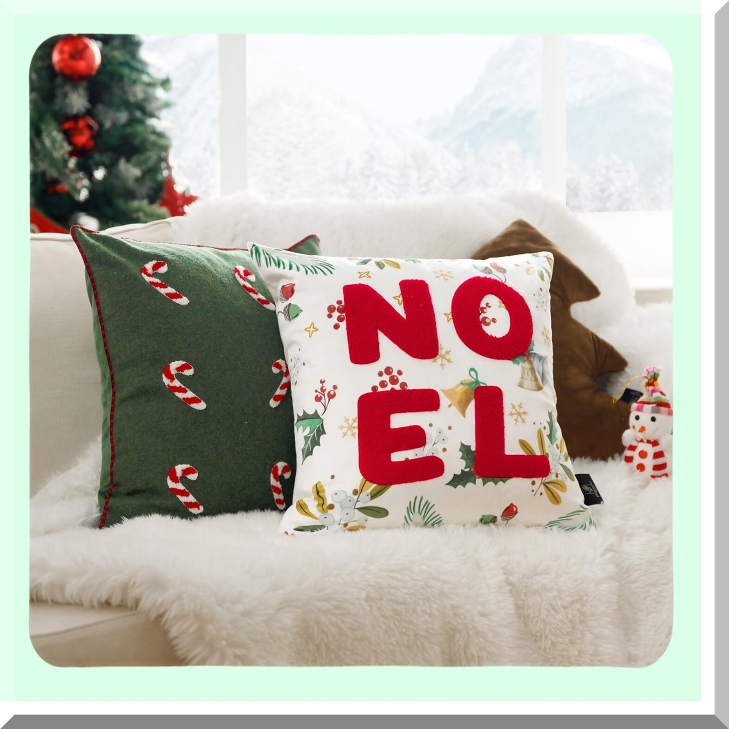 Merry Velvet Teddy Candy Cane Pillow Covers - Set of 2 | Embroidered Tufted Xmas Pillowcases | Green 18x18 inch | Soft Festive Holiday Decor