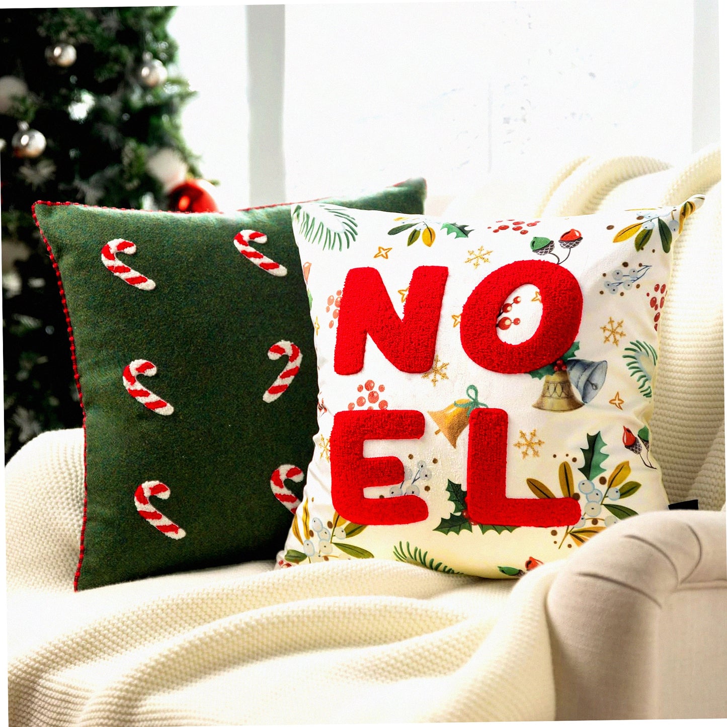 Merry Velvet Teddy Candy Cane Pillow Covers - Set of 2 | Embroidered Tufted Xmas Pillowcases | Green 18x18 inch | Soft Festive Holiday Decor