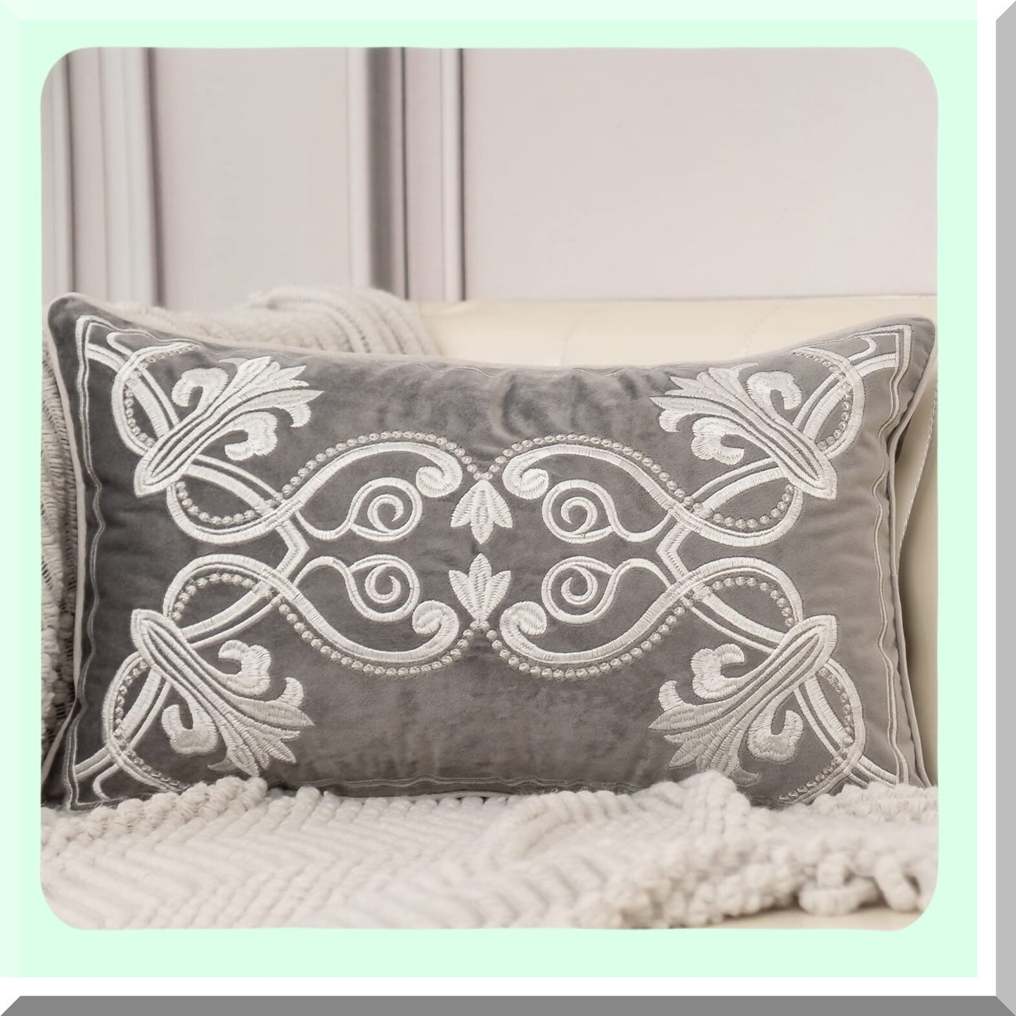 Luxury Velvet Floral Embroidery Cushion Cover - Grey & White Rectangle Throw Pillow Case for Home Decor - Couch & Bed Living Room Accent