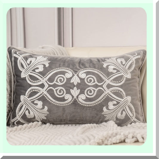 Luxury Velvet Floral Embroidery Cushion Cover - Grey & White Rectangle Throw Pillow Case for Home Decor - Couch & Bed Living Room Accent