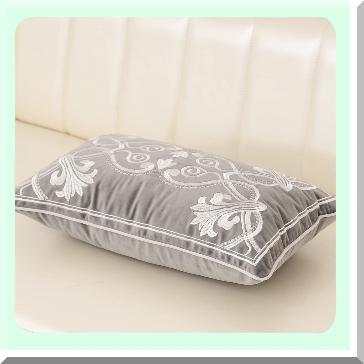 Luxury Velvet Floral Embroidery Cushion Cover - Grey & White Rectangle Throw Pillow Case for Home Decor - Couch & Bed Living Room Accent