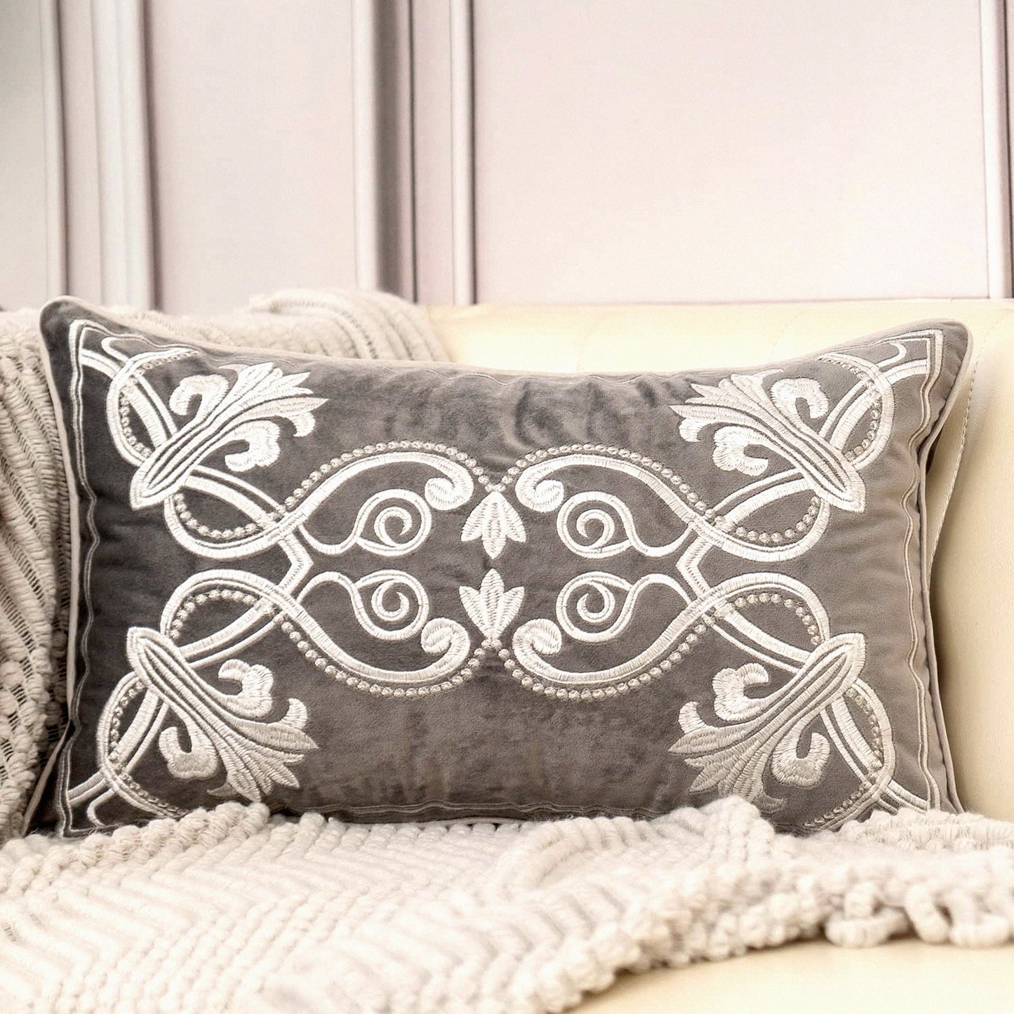 Luxury Velvet Floral Embroidery Cushion Cover - Grey & White Rectangle Throw Pillow Case for Home Decor - Couch & Bed Living Room Accent