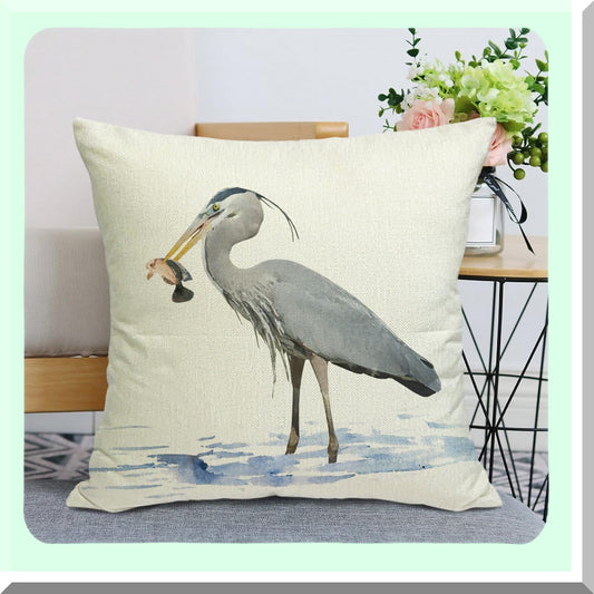 Watercolor Heron Farmhouse Linen Pillow Covers - Set of 2 - 18x18 Square Cushion Covers for Sofa Couch Bed Chair - Home Decor Accent