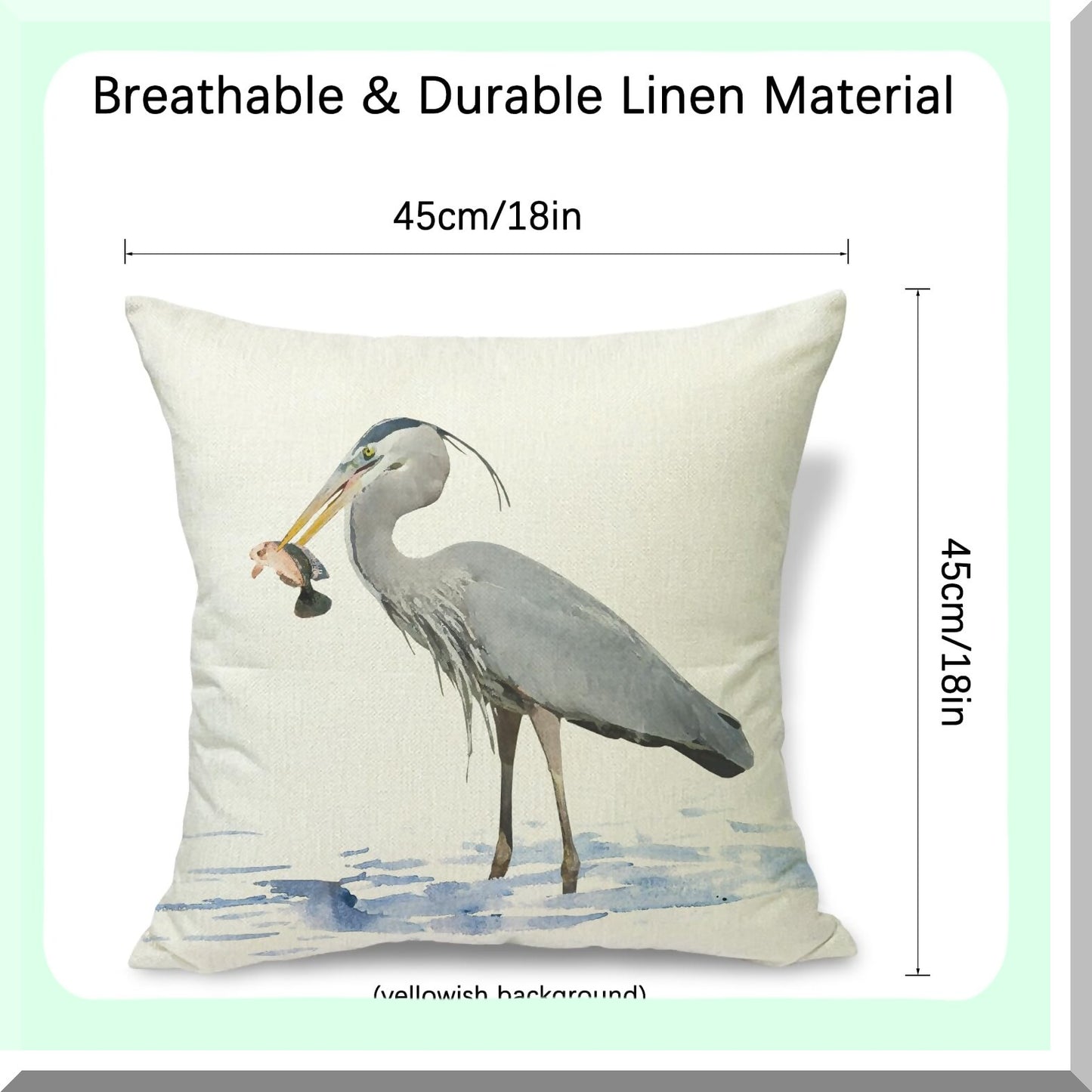 Watercolor Heron Farmhouse Linen Pillow Covers - Set of 2 - 18x18 Square Cushion Covers for Sofa Couch Bed Chair - Home Decor Accent