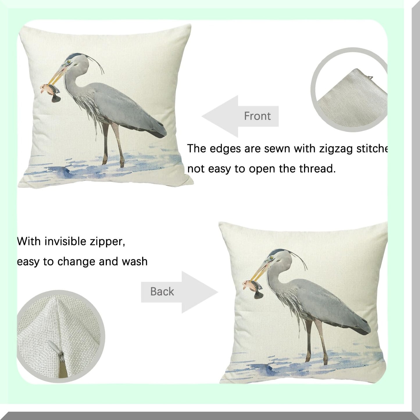 Watercolor Heron Farmhouse Linen Pillow Covers - Set of 2 - 18x18 Square Cushion Covers for Sofa Couch Bed Chair - Home Decor Accent