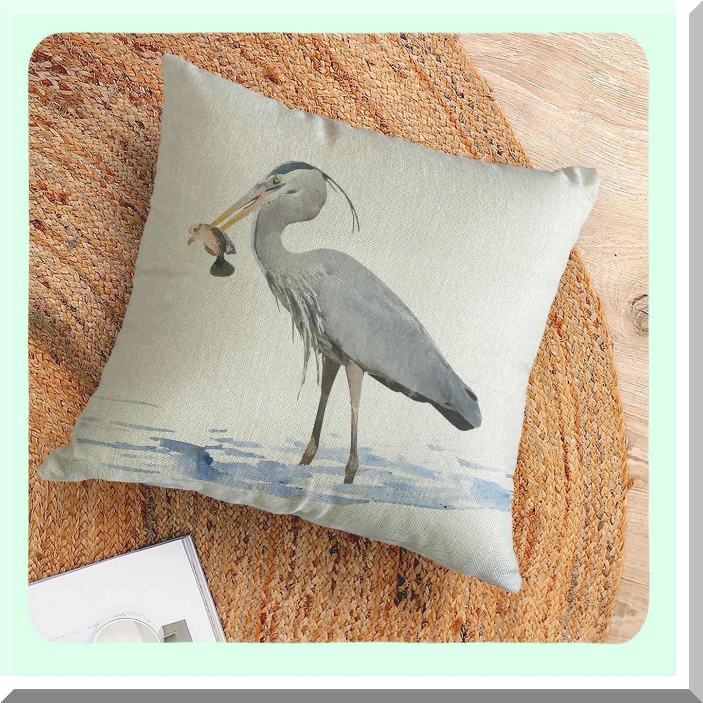 Watercolor Heron Farmhouse Linen Pillow Covers - Set of 2 - 18x18 Square Cushion Covers for Sofa Couch Bed Chair - Home Decor Accent