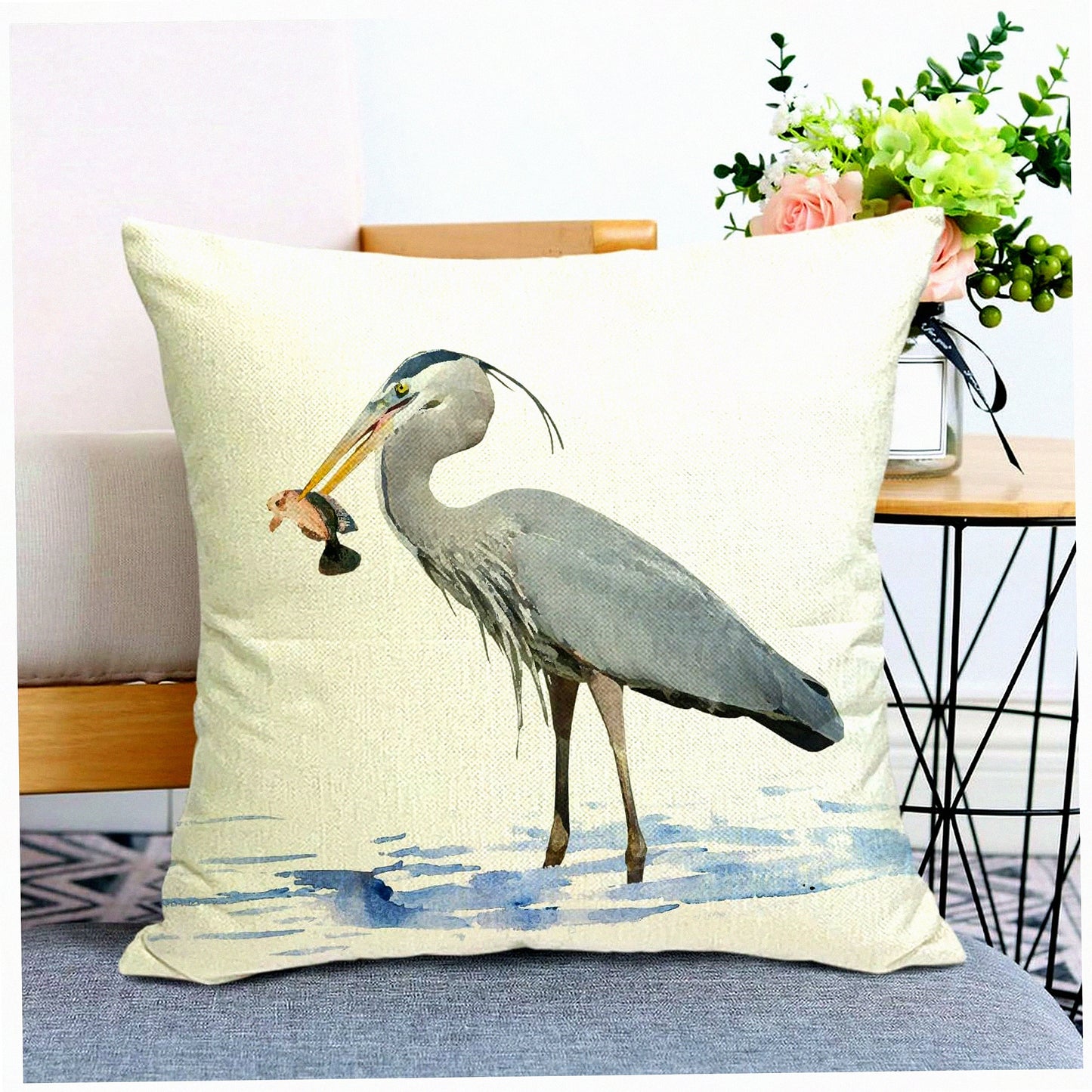 Watercolor Heron Farmhouse Linen Pillow Covers - Set of 2 - 18x18 Square Cushion Covers for Sofa Couch Bed Chair - Home Decor Accent