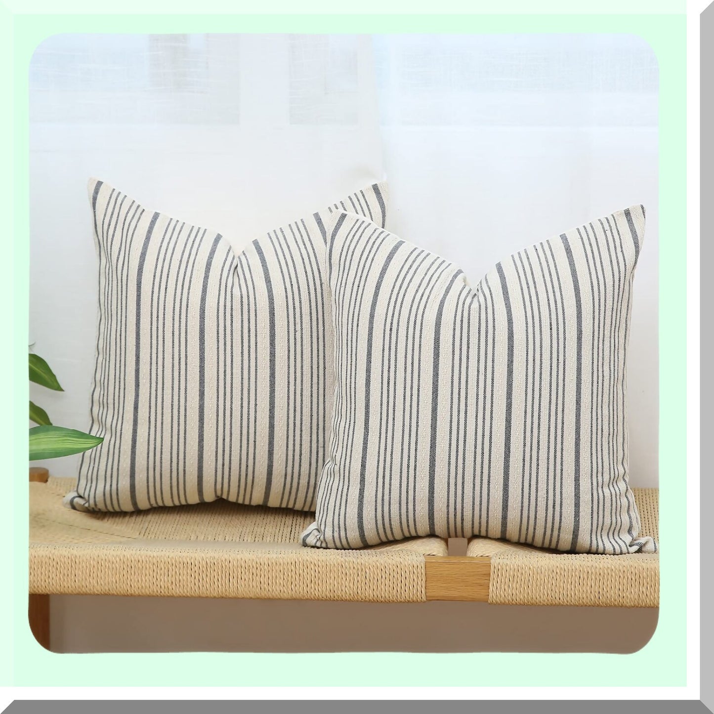 Striped Linen Farmhouse Pillow Covers - Set of 2 Modern Accent Square Decorative Cushion Cases for Sofa Couch Chair Bedroom - Grey & Cream 18x18