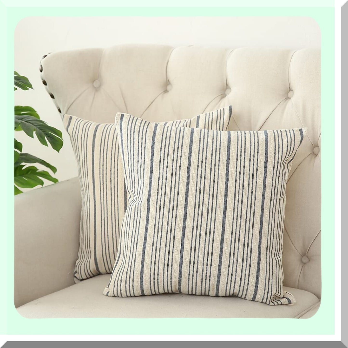 Striped Linen Farmhouse Pillow Covers - Set of 2 Modern Accent Square Decorative Cushion Cases for Sofa Couch Chair Bedroom - Grey & Cream 18x18