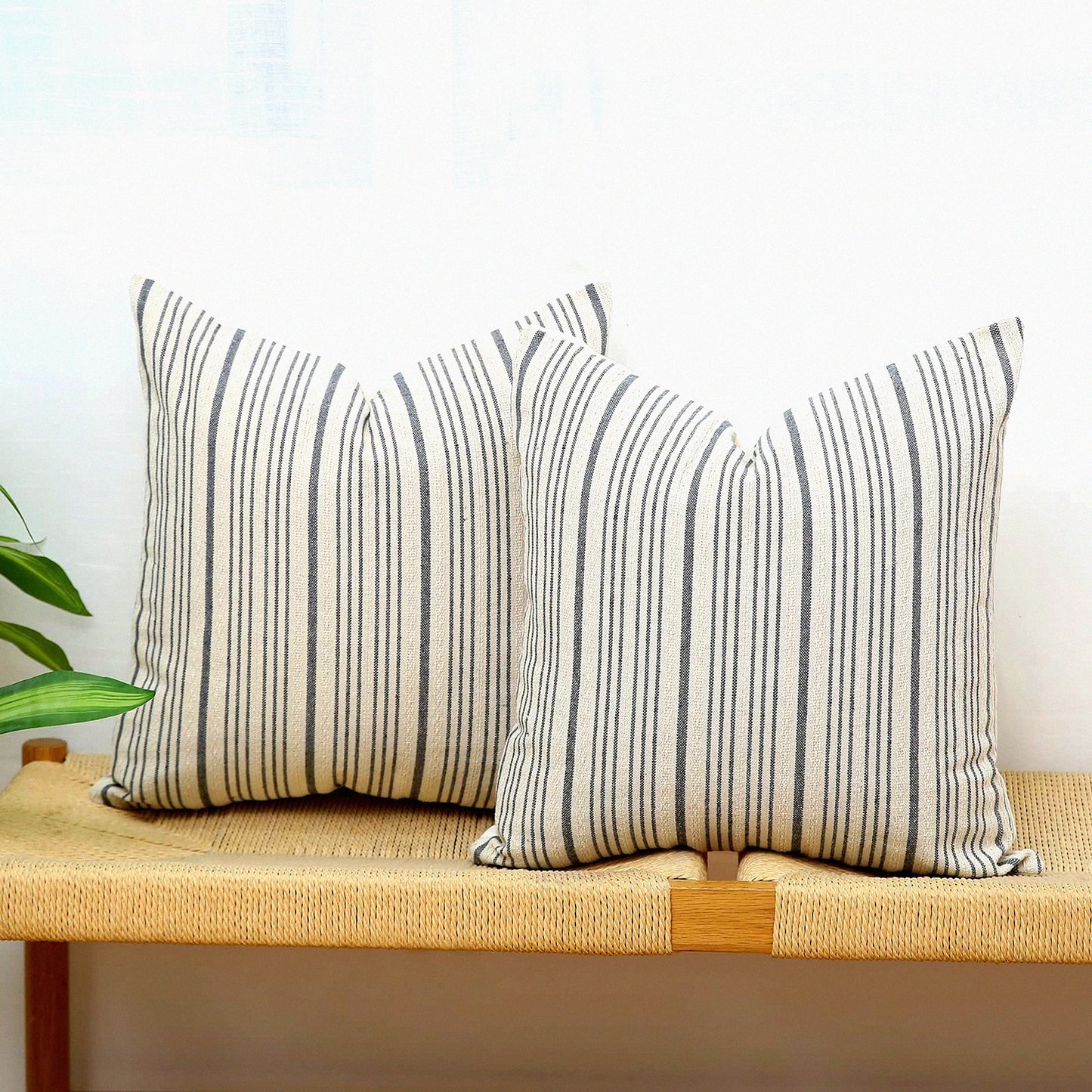 Striped Linen Farmhouse Pillow Covers - Set of 2 Modern Accent Square Decorative Cushion Cases for Sofa Couch Chair Bedroom - Grey & Cream 18x18