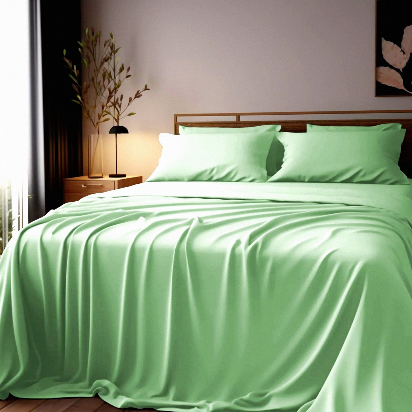 CoolBamboo 400TC Queen Size Bed Sheet Set - Breathable & Luxuriously Soft Bamboo Viscose Sheets in Dutch Green. Double Stitched for Durability & Cooling Comfort. Fits 16" Deep Mattresses.