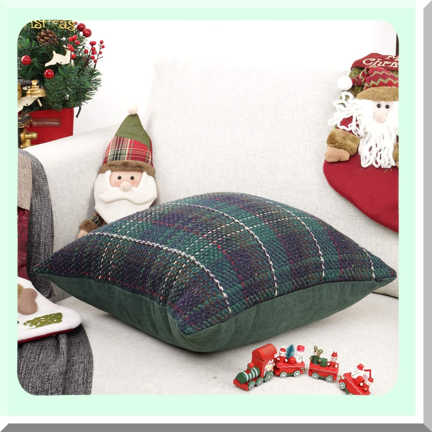 Retro Farmhouse Buffalo Tartan Stripe Plaid Cotton Linen Throw Pillow Cover - Green 18x18 - Knitting Wool Decorative Cushion Case Sofa Indoor
