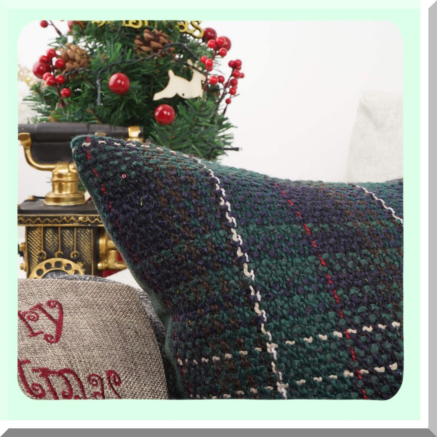 Retro Farmhouse Buffalo Tartan Stripe Plaid Cotton Linen Throw Pillow Cover - Green 18x18 - Knitting Wool Decorative Cushion Case Sofa Indoor