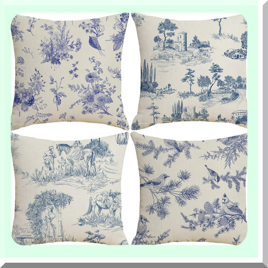 Blue Chinoiserie Vintage Pillow Covers Set - French Country Decorative Cushion Cases for Sofa Living Room - 18x18 inch Throw Pillow Covers Pack of 4