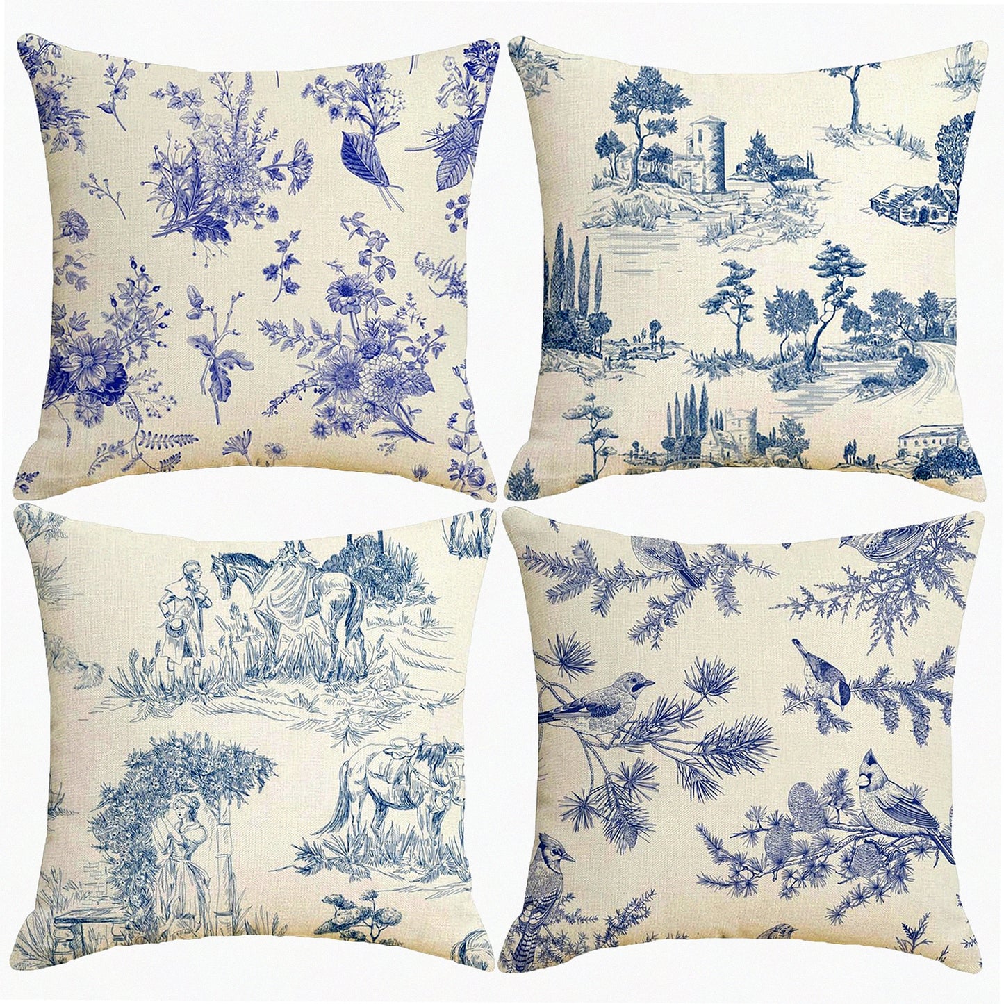 Blue Chinoiserie Vintage Pillow Covers Set - French Country Decorative Cushion Cases for Sofa Living Room - 18x18 inch Throw Pillow Covers Pack of 4