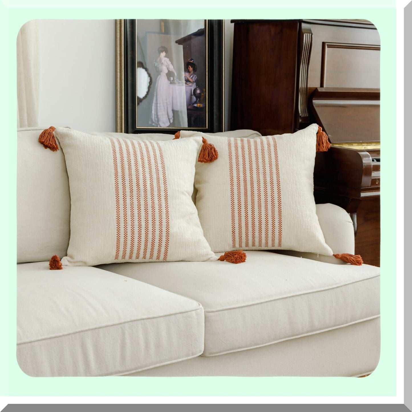 Boho Chenille Stripe Pillowcase Set - Rust Red & Off White Embroidery Cushion Cover - Modern Farmhouse Decor for Couch Sofa Bed - 18x18 Inches Pack of 2
