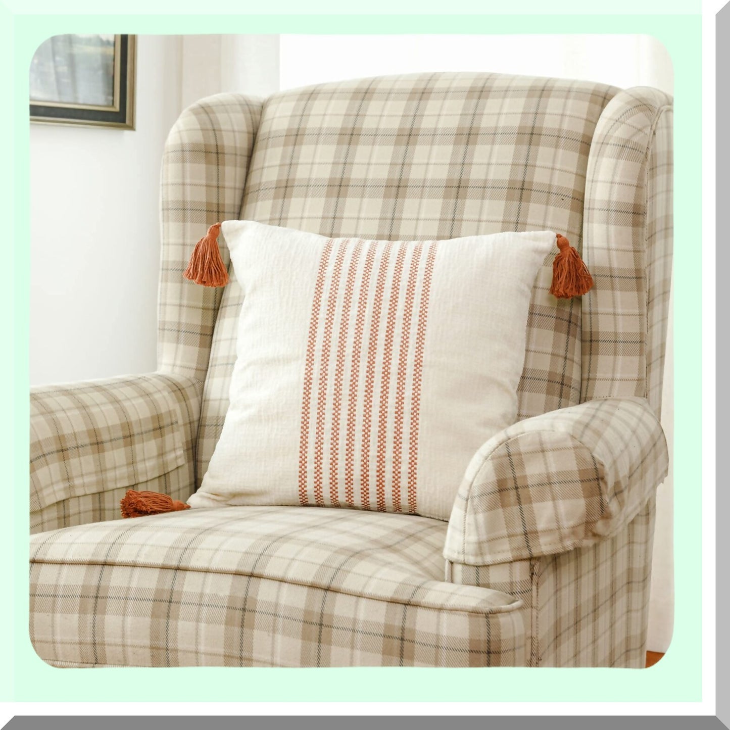 Boho Chenille Stripe Pillowcase Set - Rust Red & Off White Embroidery Cushion Cover - Modern Farmhouse Decor for Couch Sofa Bed - 18x18 Inches Pack of 2