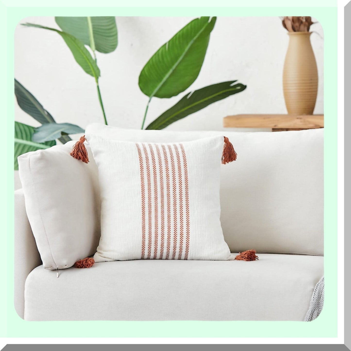 Boho Chenille Stripe Pillowcase Set - Rust Red & Off White Embroidery Cushion Cover - Modern Farmhouse Decor for Couch Sofa Bed - 18x18 Inches Pack of 2
