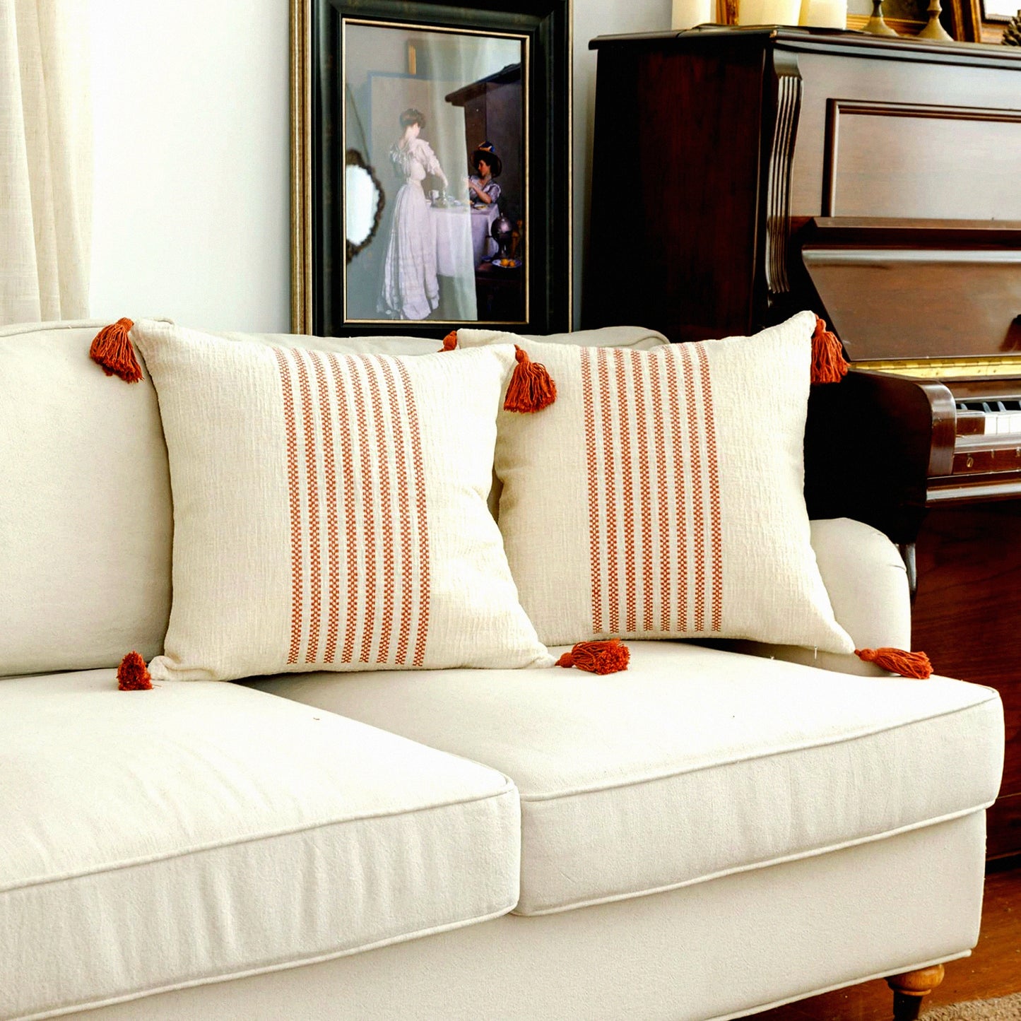 Boho Chenille Stripe Pillowcase Set - Rust Red & Off White Embroidery Cushion Cover - Modern Farmhouse Decor for Couch Sofa Bed - 18x18 Inches Pack of 2