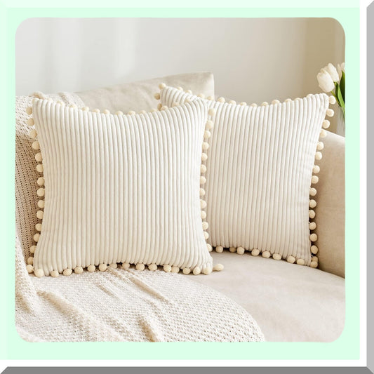 Spring Boho Pom-Pom Pillow Covers - Soft Corduroy Lumbar Cushion Cases for Couch Sofa Bedroom - Cream 18x18 Inch Square