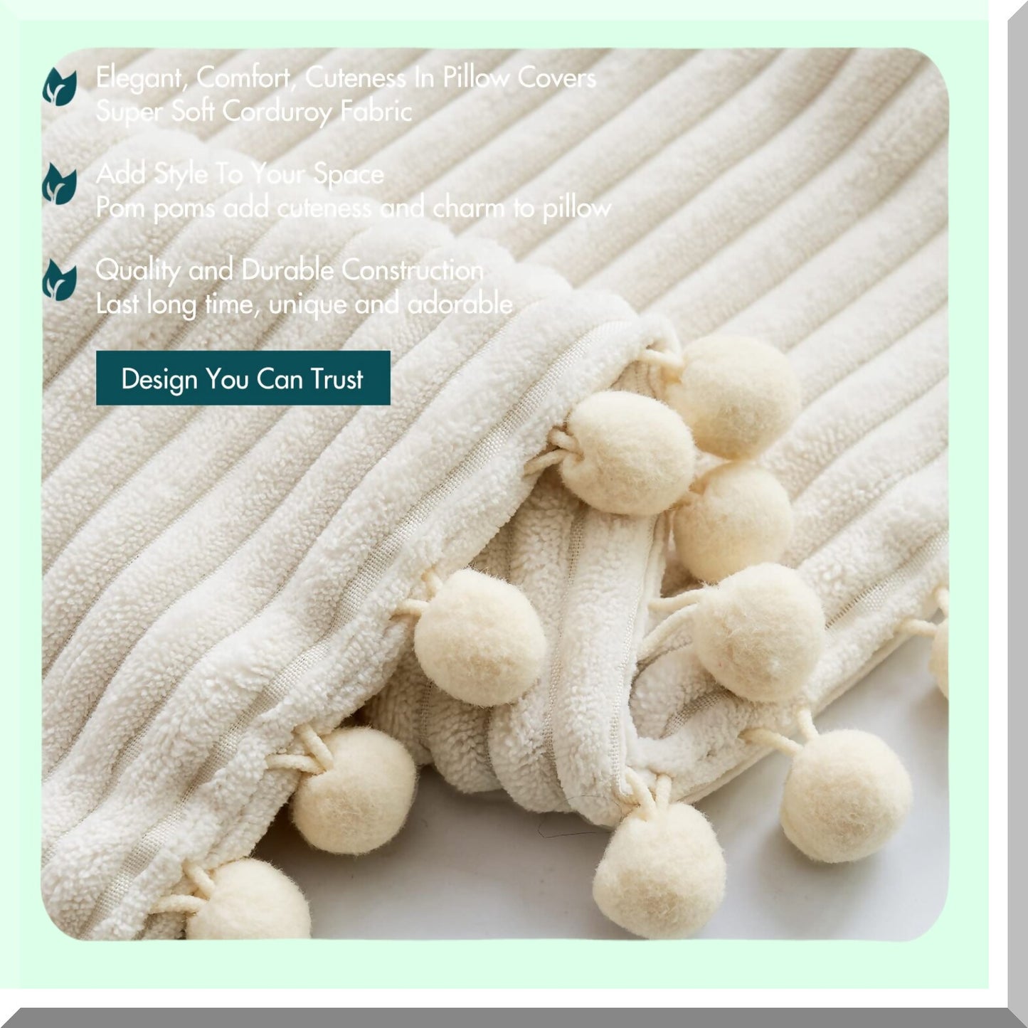 Spring Boho Pom-Pom Pillow Covers - Soft Corduroy Lumbar Cushion Cases for Couch Sofa Bedroom - Cream 18x18 Inch Square