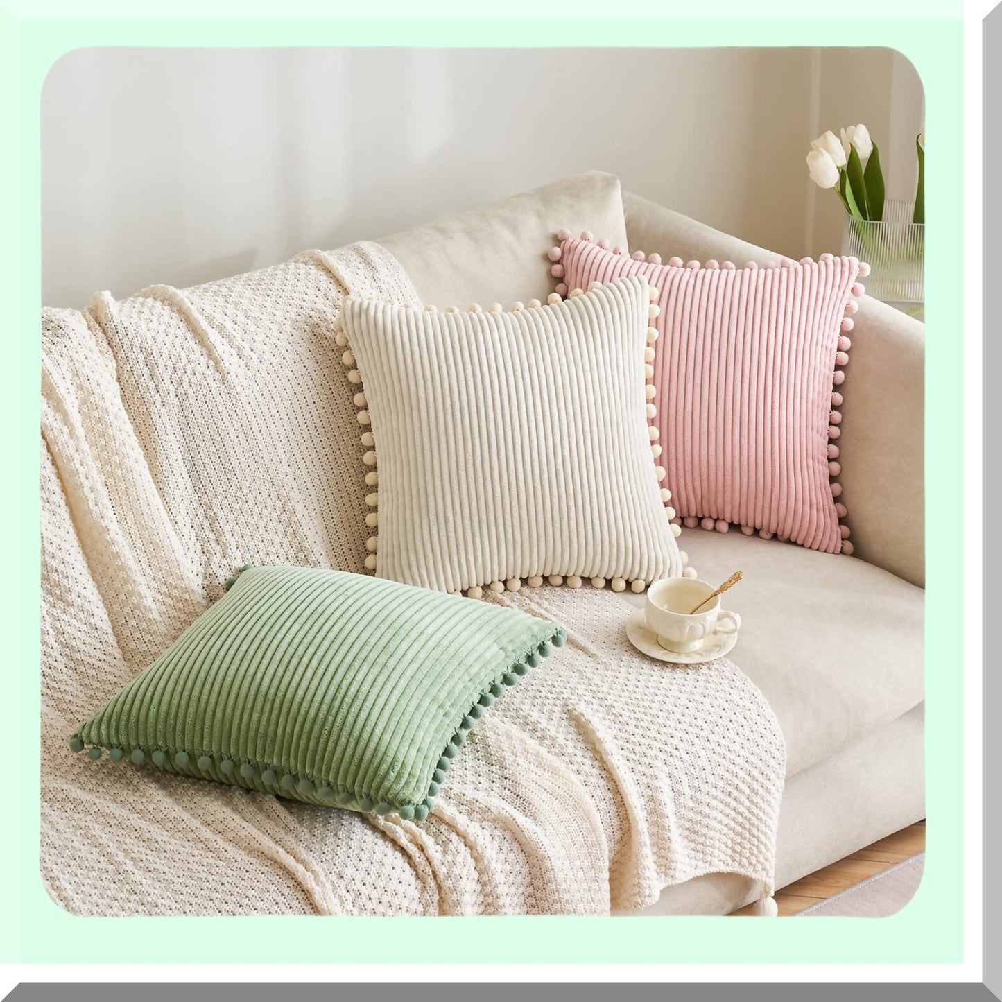 Spring Boho Pom-Pom Pillow Covers - Soft Corduroy Lumbar Cushion Cases for Couch Sofa Bedroom - Cream 18x18 Inch Square
