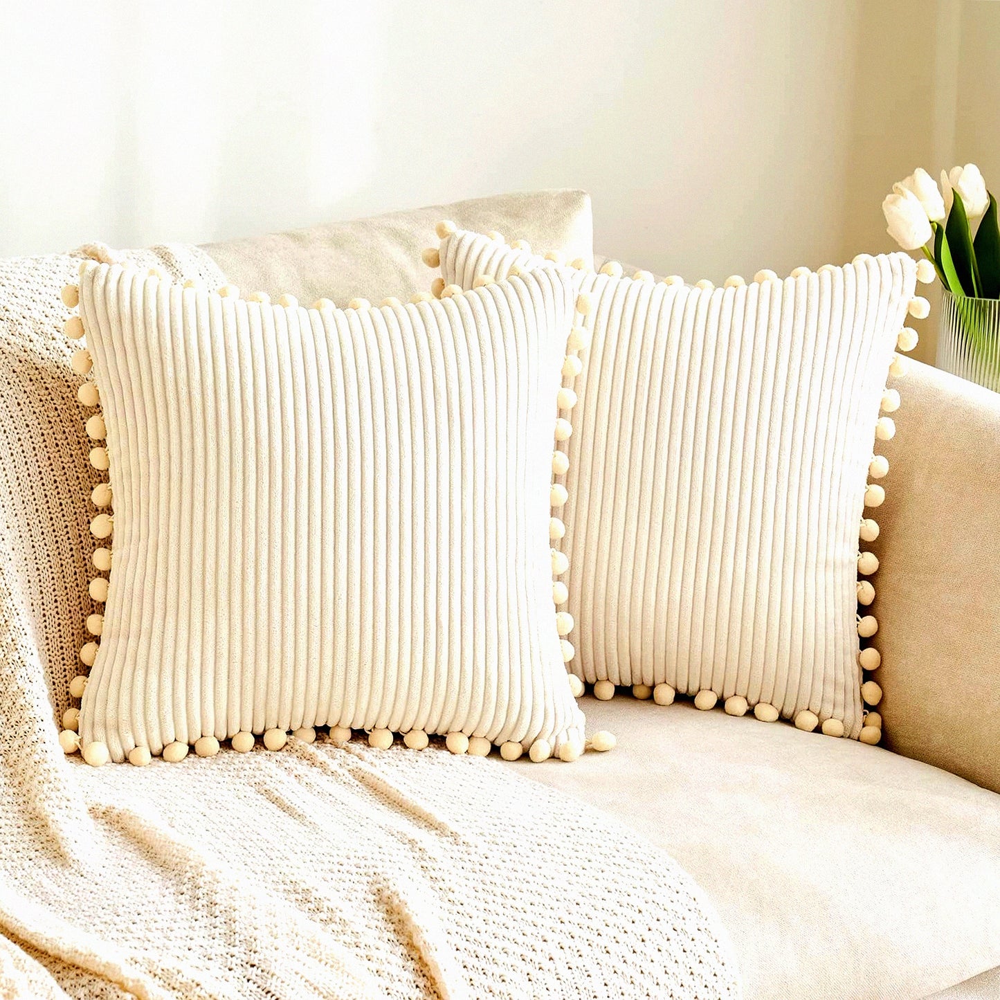 Spring Boho Pom-Pom Pillow Covers - Soft Corduroy Lumbar Cushion Cases for Couch Sofa Bedroom - Cream 18x18 Inch Square