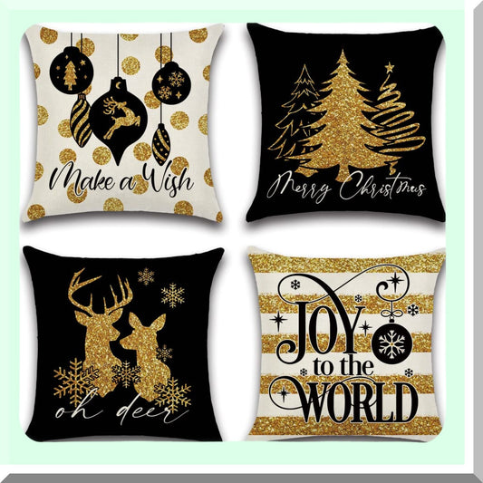 Golden Elk Tree Winter Holiday Decor Pillow Covers - Set of 4 Black Gold Throw Cushion Cases 18x18 for Home Couch Decorations