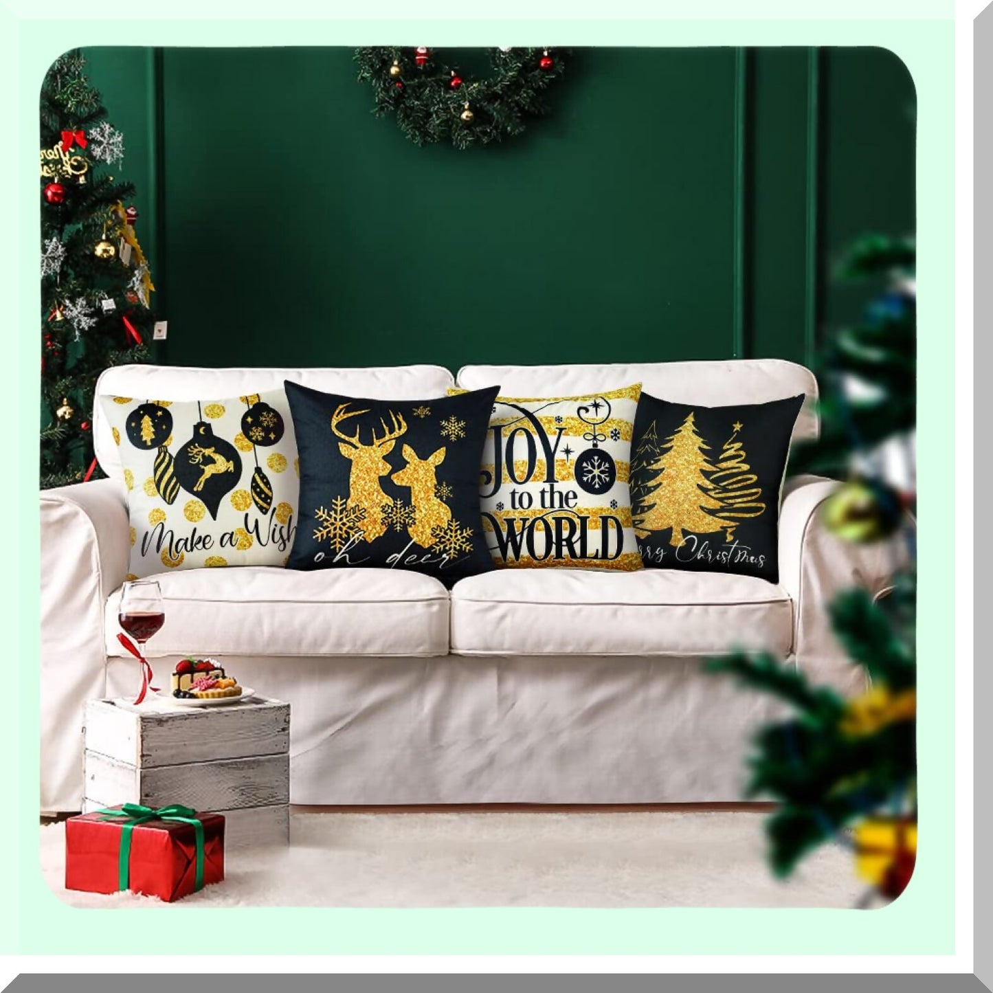 Golden Elk Tree Winter Holiday Decor Pillow Covers - Set of 4 Black Gold Throw Cushion Cases 18x18 for Home Couch Decorations