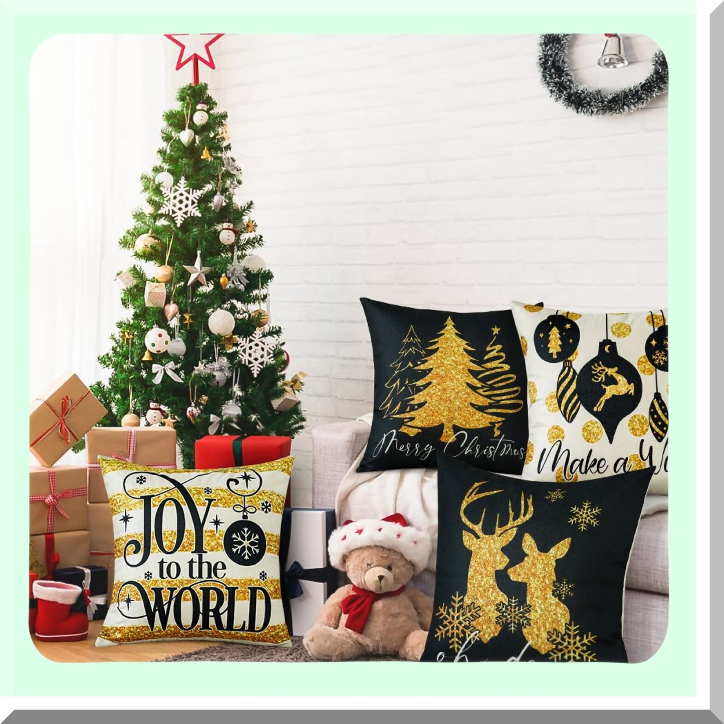 Golden Elk Tree Winter Holiday Decor Pillow Covers - Set of 4 Black Gold Throw Cushion Cases 18x18 for Home Couch Decorations