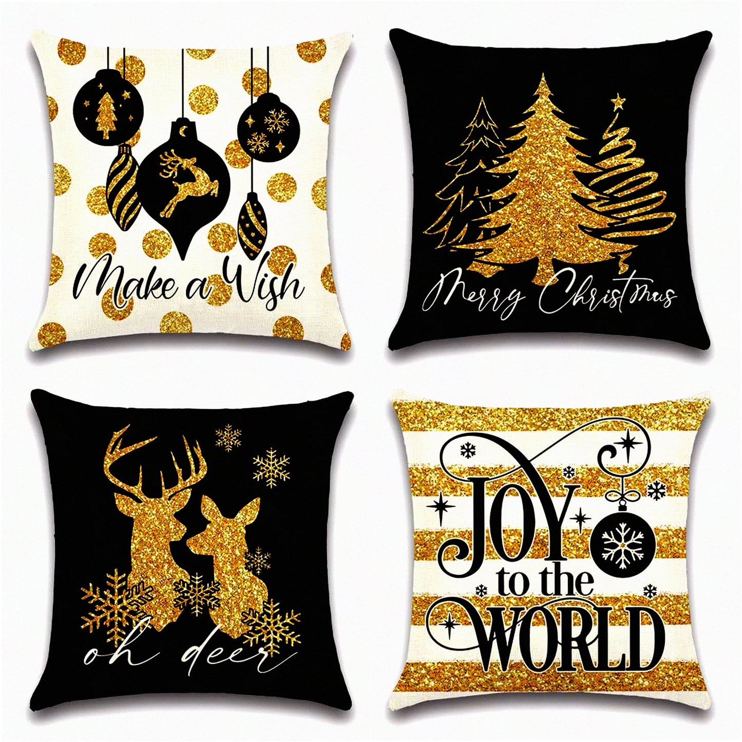 Golden Elk Tree Winter Holiday Decor Pillow Covers - Set of 4 Black Gold Throw Cushion Cases 18x18 for Home Couch Decorations