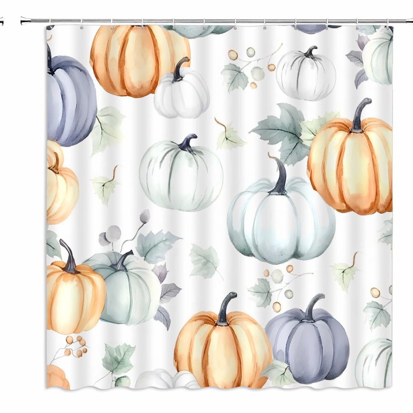 Watercolor Pumpkin Fall Shower Curtain Blue White Fabric