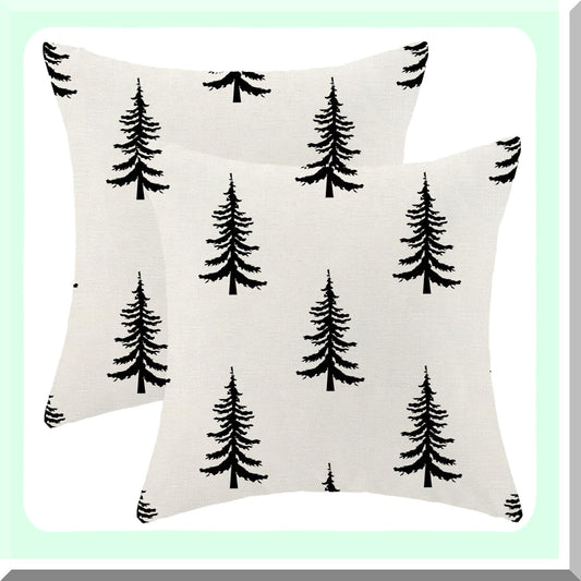 Winter Wonderland Tree Pillow Covers - Set of 2 18x18 Inch White Black Throw Pillows for Xmas Holiday Decorations. Perfect for Couch or Bed!