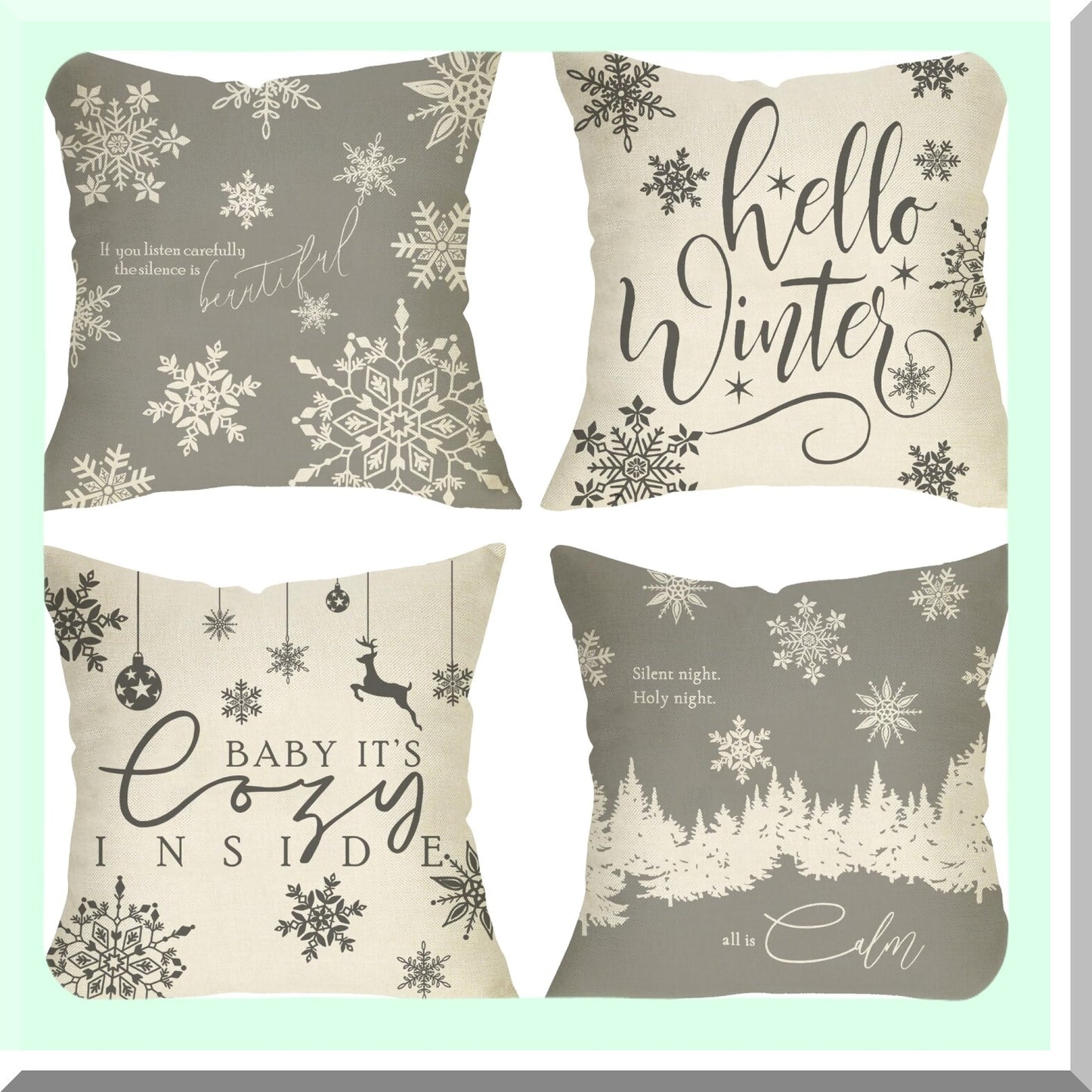 Winter Wonderland Snowflake Reindeer Pillow Cover Set - 18x18 Decorative Cushion Case for Cozy Holiday Home Decor - Grey White Farmhouse Couch Accessories