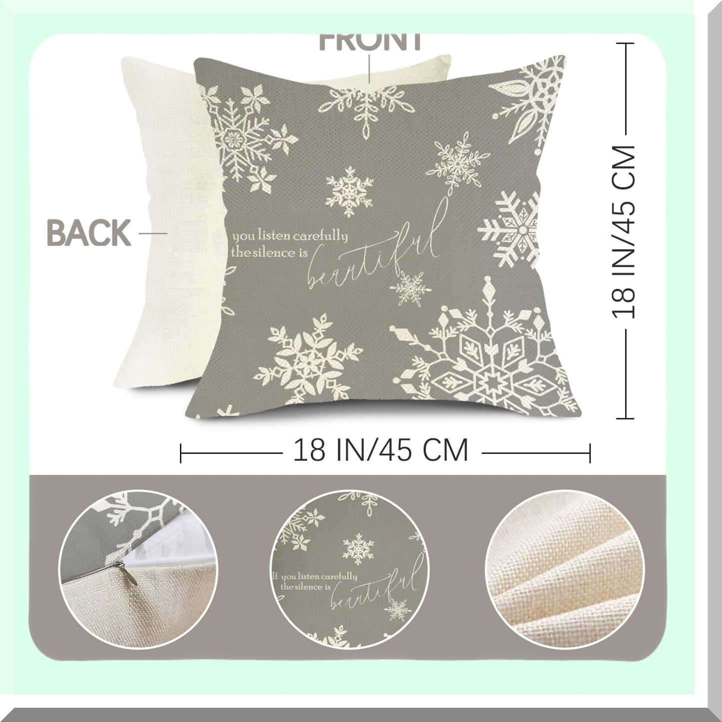 Winter Wonderland Snowflake Reindeer Pillow Cover Set - 18x18 Decorative Cushion Case for Cozy Holiday Home Decor - Grey White Farmhouse Couch Accessories