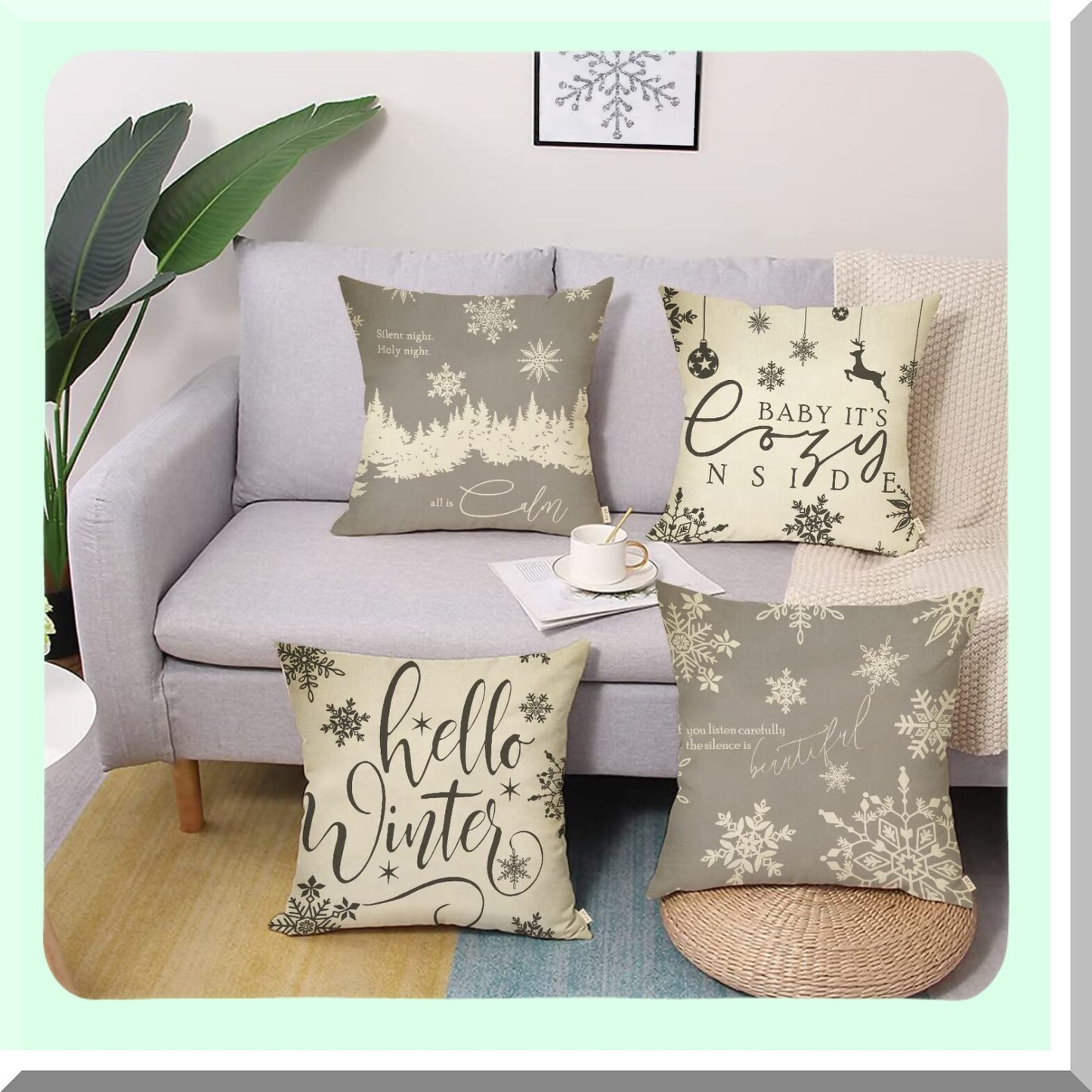 Winter Wonderland Snowflake Reindeer Pillow Cover Set - 18x18 Decorative Cushion Case for Cozy Holiday Home Decor - Grey White Farmhouse Couch Accessories