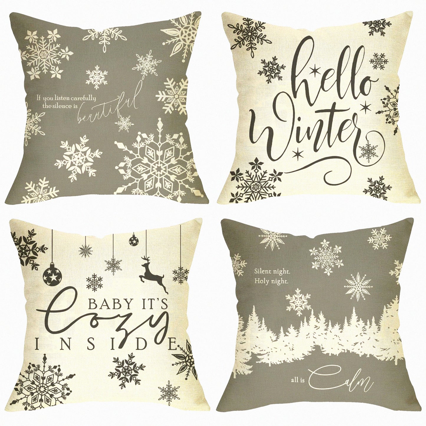 Winter Wonderland Snowflake Reindeer Pillow Cover Set - 18x18 Decorative Cushion Case for Cozy Holiday Home Decor - Grey White Farmhouse Couch Accessories