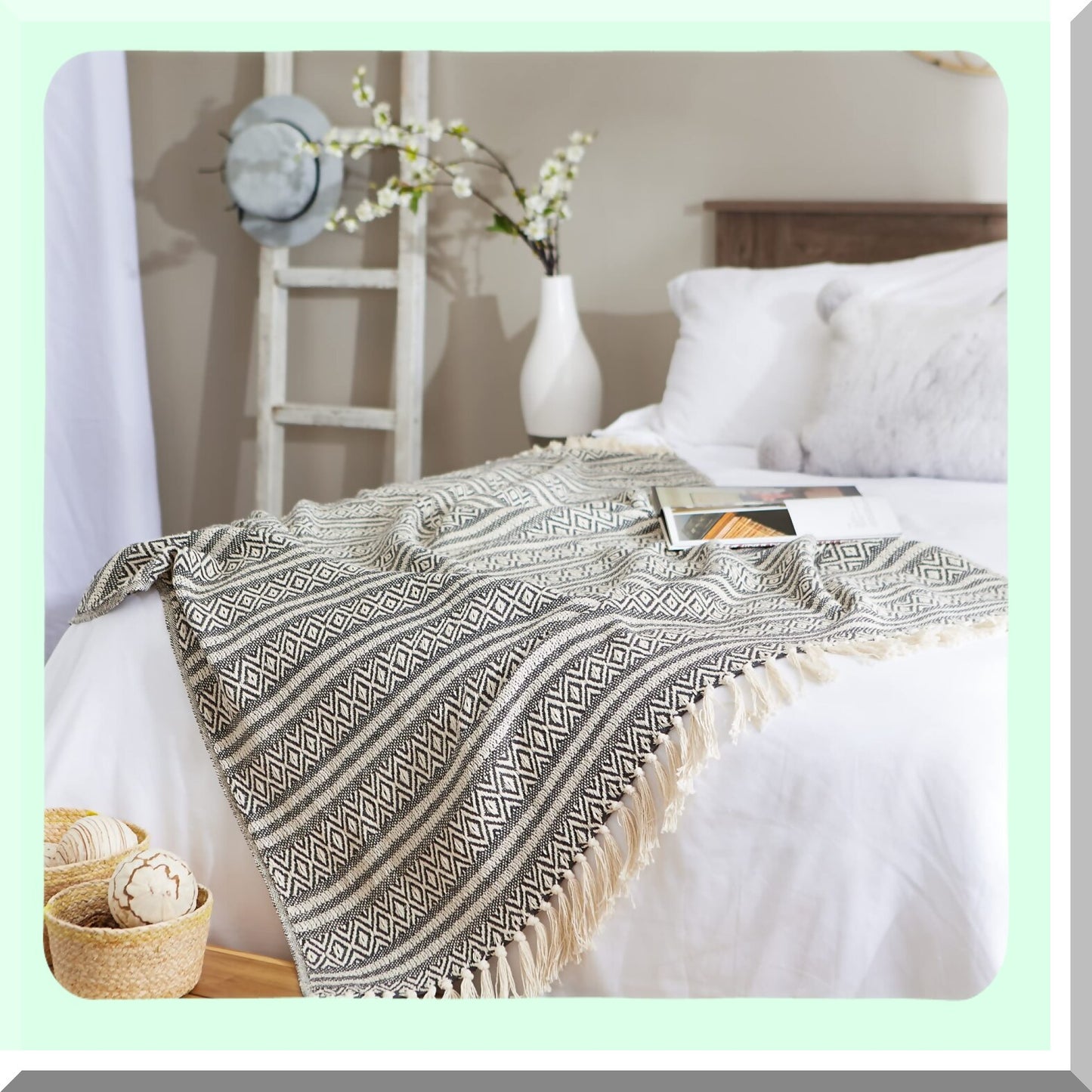 CozyRustic Cotton Stripe Blanket Throw - Perfect for Chair, Couch, Picnic, Camping, Beach, Everyday Use, 50x60 with Fringe
