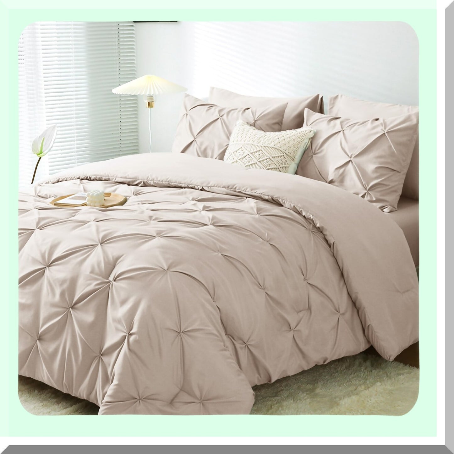 Pintuck Beige Comforter Set - 7-Piece Queen/Full Bedding Bundle for All Seasons - Includes Comforter, Sheets, Pillowcases, and Shams