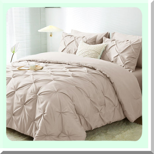 Pintuck Beige Comforter Set - 7-Piece Queen/Full Bedding Bundle for All Seasons - Includes Comforter, Sheets, Pillowcases, and Shams