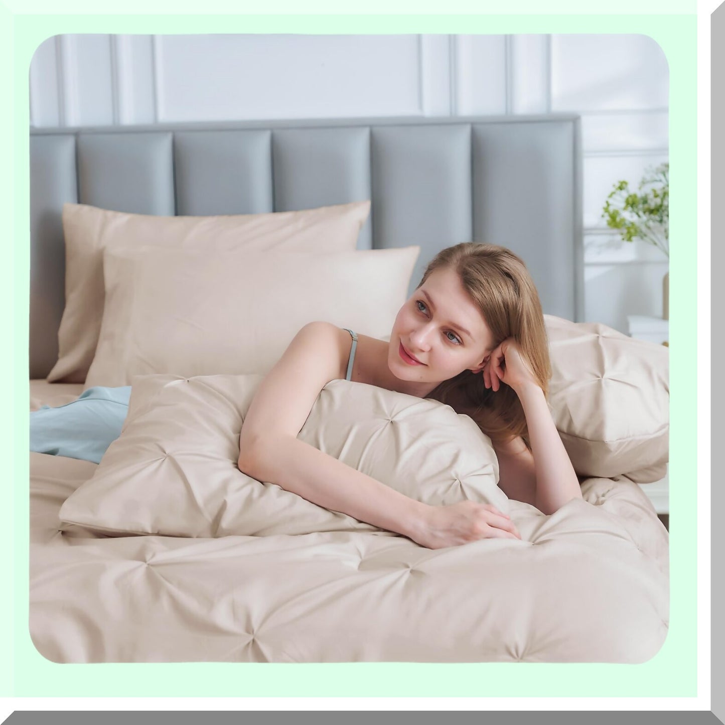 Pintuck Beige Comforter Set - 7-Piece Queen/Full Bedding Bundle for All Seasons - Includes Comforter, Sheets, Pillowcases, and Shams