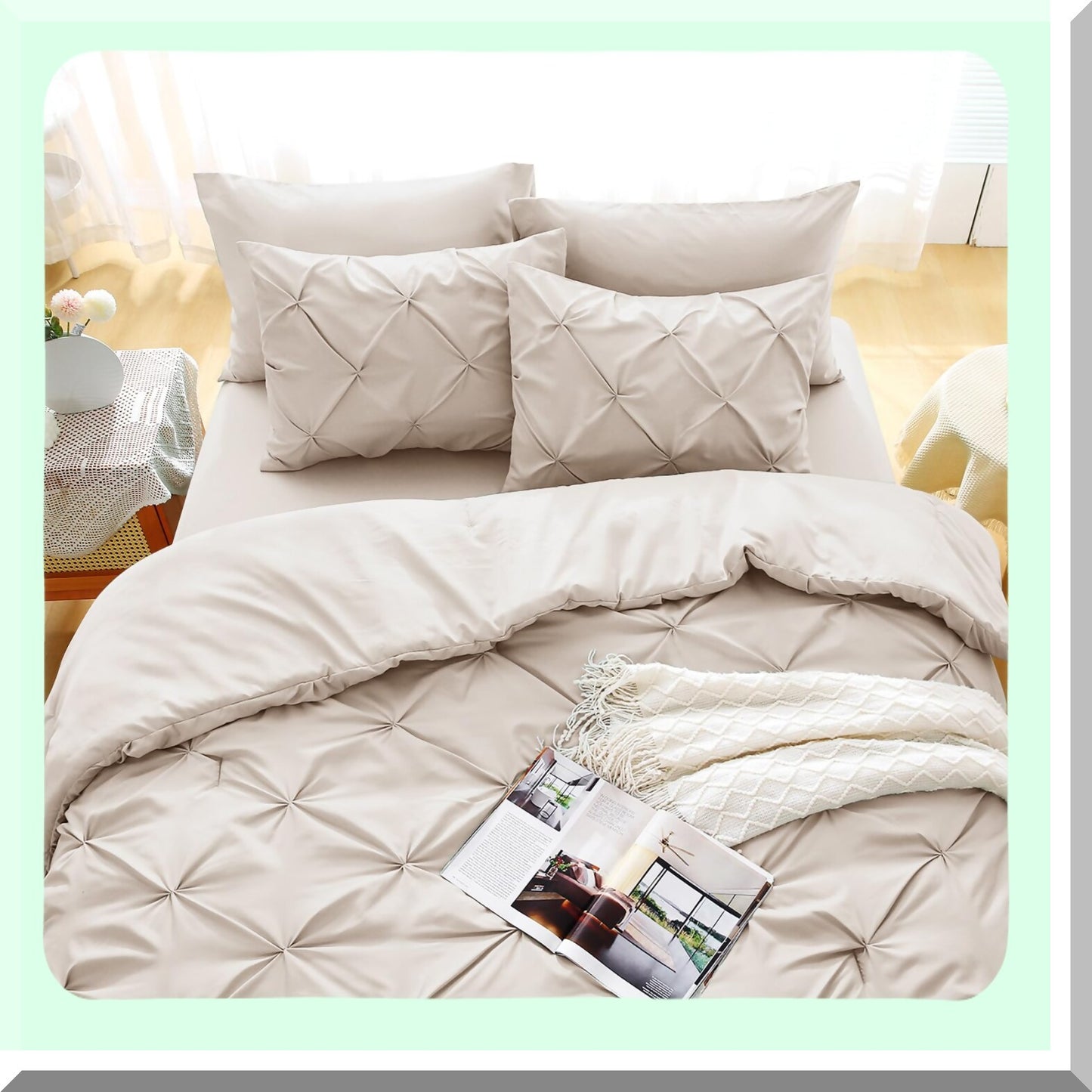 Pintuck Beige Comforter Set - 7-Piece Queen/Full Bedding Bundle for All Seasons - Includes Comforter, Sheets, Pillowcases, and Shams