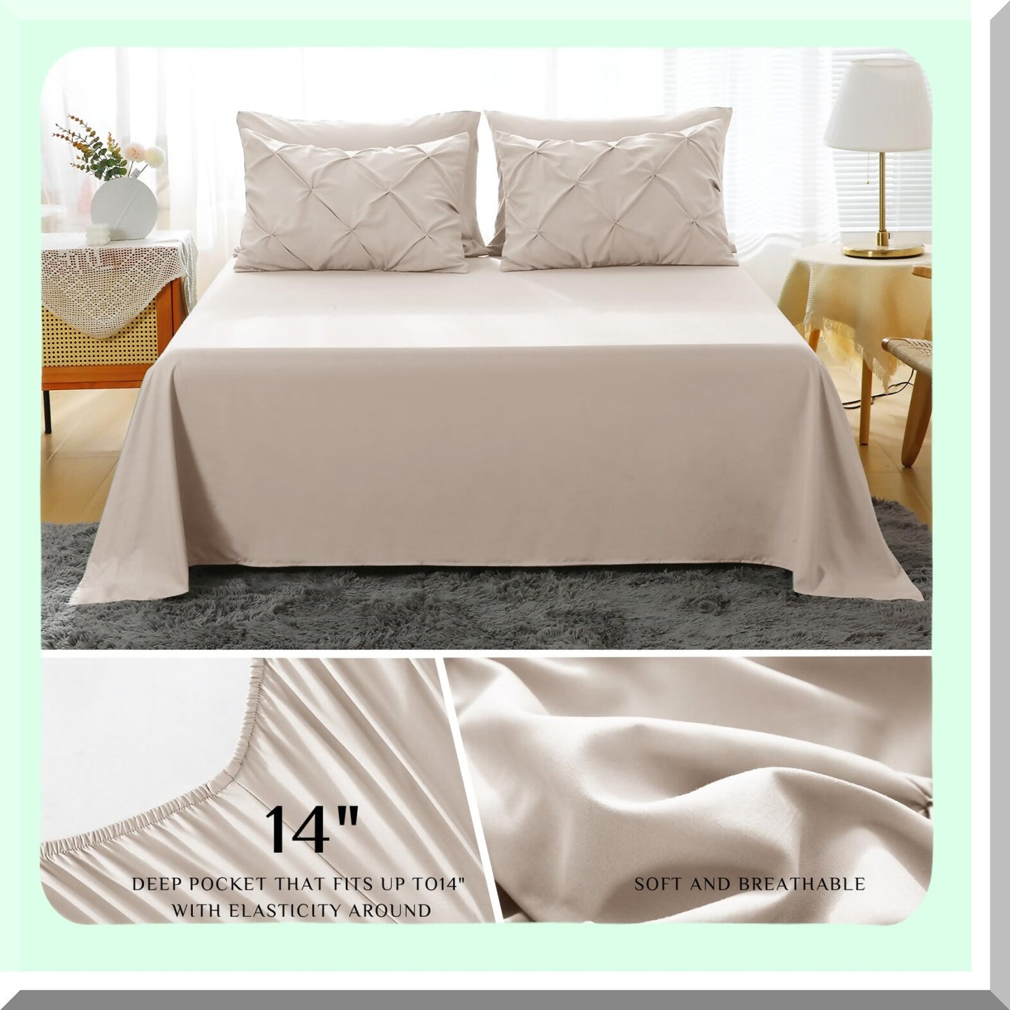 Pintuck Beige Comforter Set - 7-Piece Queen/Full Bedding Bundle for All Seasons - Includes Comforter, Sheets, Pillowcases, and Shams