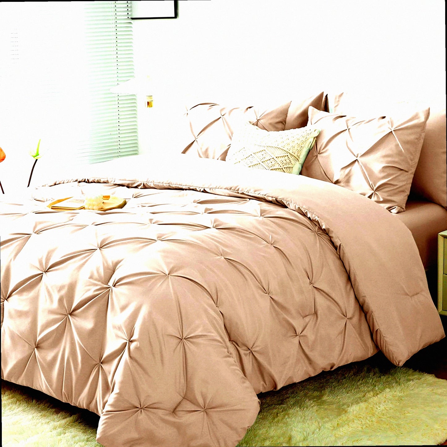 Pintuck Beige Comforter Set - 7-Piece Queen/Full Bedding Bundle for All Seasons - Includes Comforter, Sheets, Pillowcases, and Shams