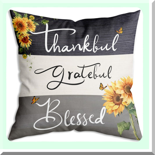 Sunflower Blessings Farmhouse Throw Pillow Cover - Soft Cushion Decor for Sofa Couch Bed 18x18 Inch - Thankful Grateful Home Gift
