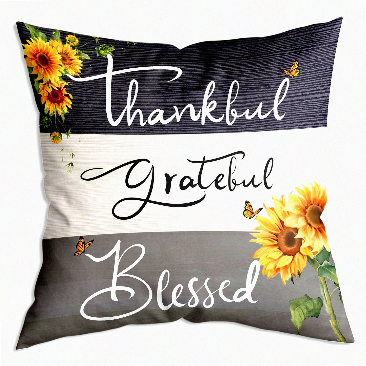 Sunflower Blessings Farmhouse Throw Pillow Cover - Soft Cushion Decor for Sofa Couch Bed 18x18 Inch - Thankful Grateful Home Gift