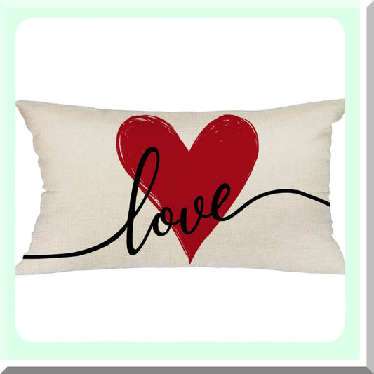 Love Heart Farmhouse Pillow Cover - 12x20 Inch Decorative Throw Pillows for Valentines Day Home Decorations in Red