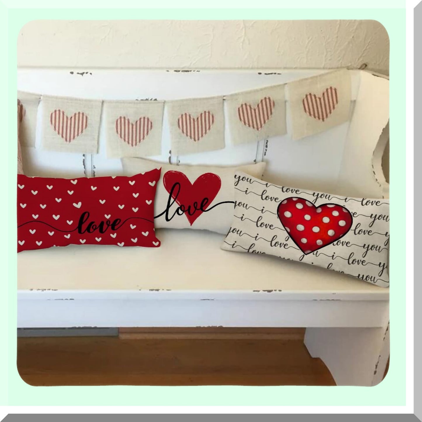 Love Heart Farmhouse Pillow Cover - 12x20 Inch Decorative Throw Pillows for Valentines Day Home Decorations in Red