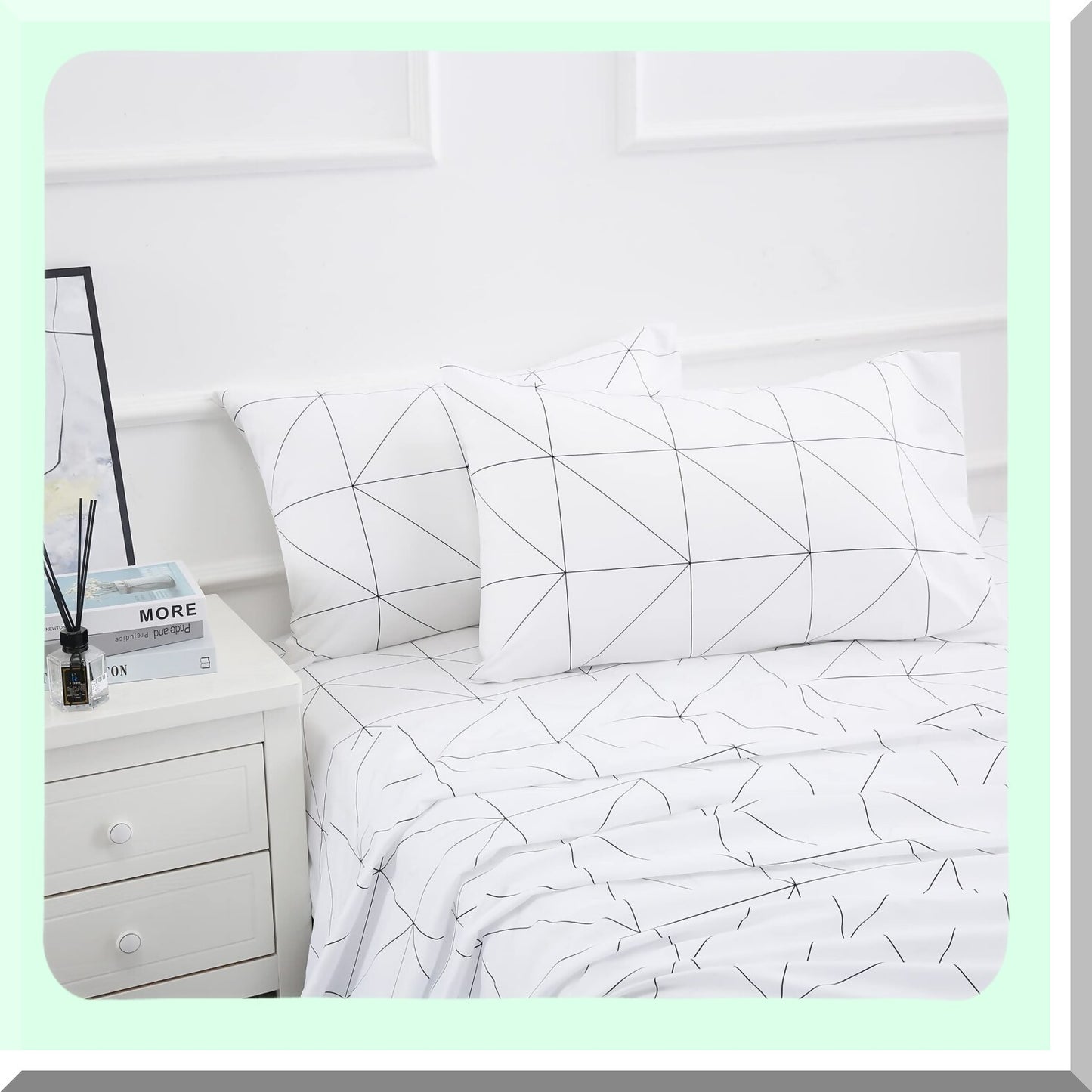 Luxury Comfort 4-Piece Queen Size Microfiber Bed Sheet Set - Deep Pocket, Stain, Fade, Wrinkle Resistant Geometric White Bedding Sheets