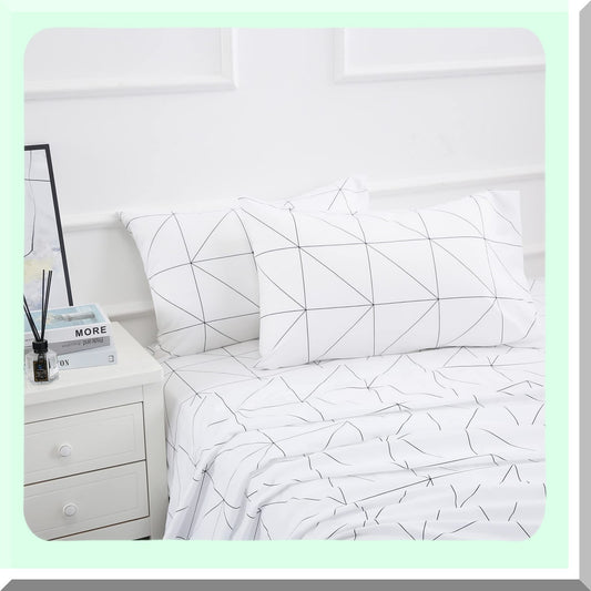 Luxury Comfort 4-Piece Queen Size Microfiber Bed Sheet Set - Deep Pocket, Stain, Fade, Wrinkle Resistant Geometric White Bedding Sheets